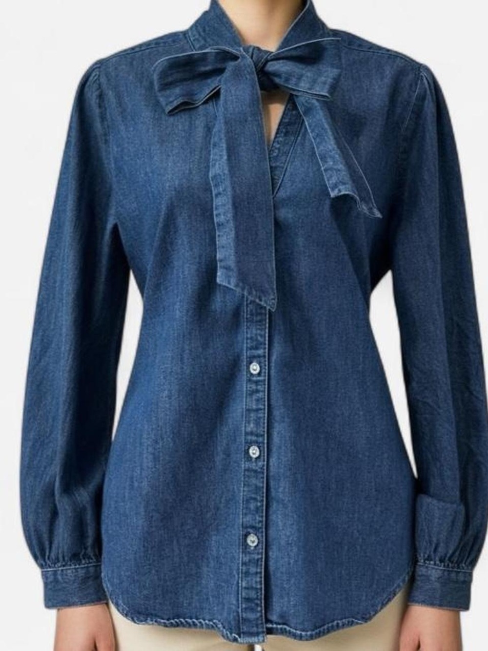 J.CREW Blue Denim Cotton Tie-Neck Bow Bowtie Pussybow Long Sleeve Blouse sz S
